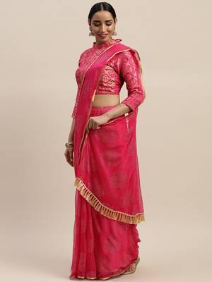 Pink printed chiffon saree with blouse 1