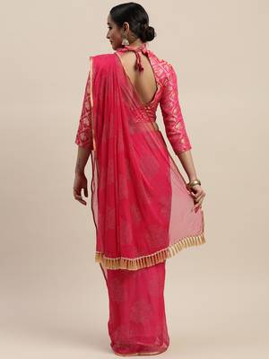 Pink printed chiffon saree with blouse 2