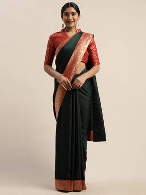 Green plain silk blend saree with blouse 1