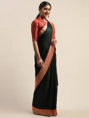 Green plain silk blend saree with blouse 2