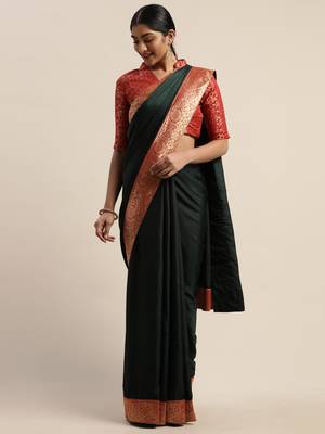 Green plain silk blend saree with blouse 3