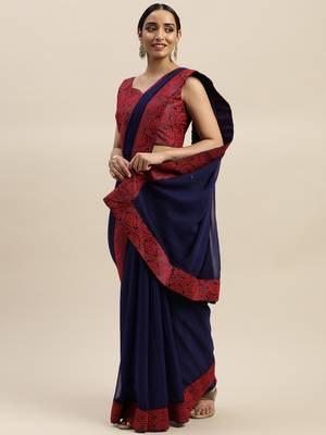 Navy blue plain georgette saree with blouse 1
