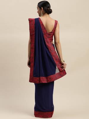 Navy blue plain georgette saree with blouse 2