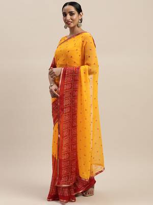 Yellow printed chiffon saree with blouse 1
