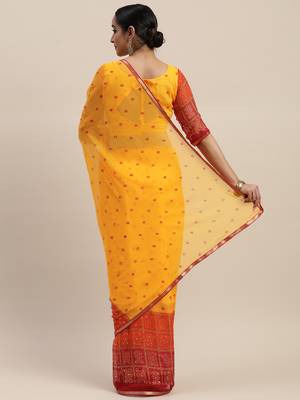Yellow printed chiffon saree with blouse 2