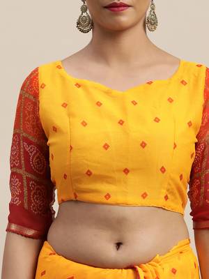 Yellow printed chiffon saree with blouse 3