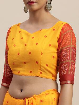 Yellow printed chiffon saree with blouse 4