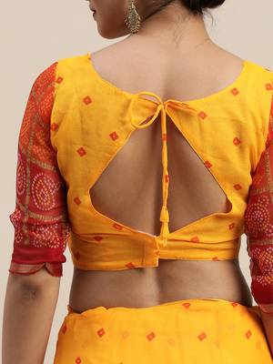 Yellow printed chiffon saree with blouse 5