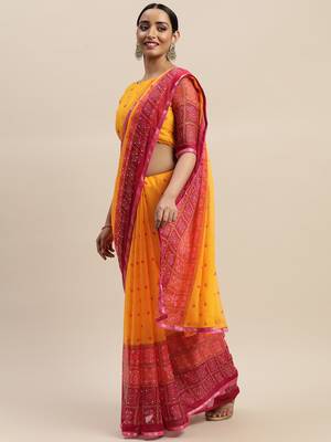 Yellow printed chiffon saree with blouse 1