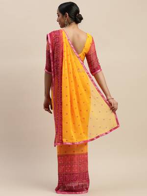 Yellow printed chiffon saree with blouse 2