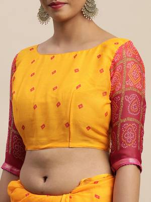 Yellow printed chiffon saree with blouse 4