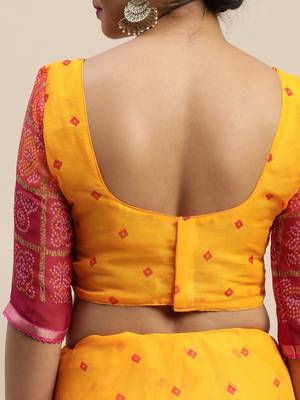 Yellow printed chiffon saree with blouse 5