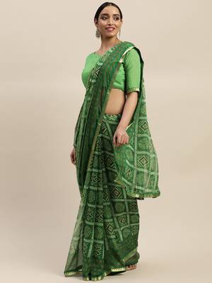 Green printed chiffon saree with blouse 1