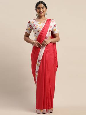 Pink plain silk blend saree with blouse 1