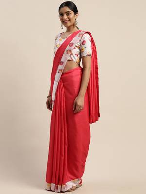 Pink plain silk blend saree with blouse 3
