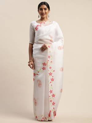 White printed organza saree with blouse 1