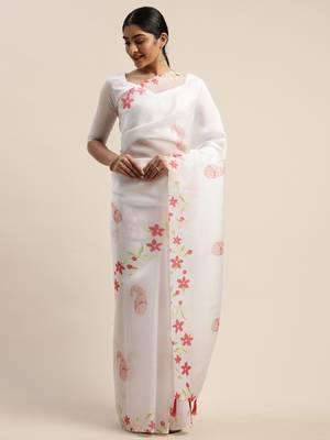 White printed organza saree with blouse 2