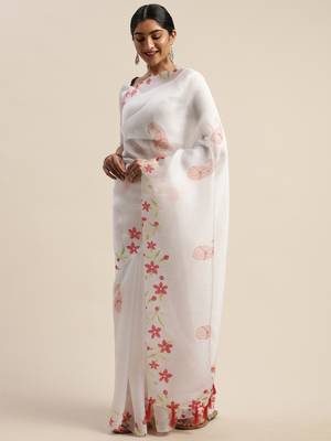 White printed organza saree with blouse 3