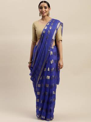 Blue woven chiffon saree with blouse 1