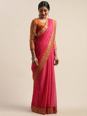 Pink plain net saree with blouse 2