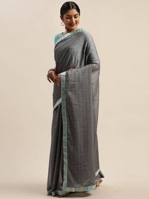 Grey plain net saree with blouse 1