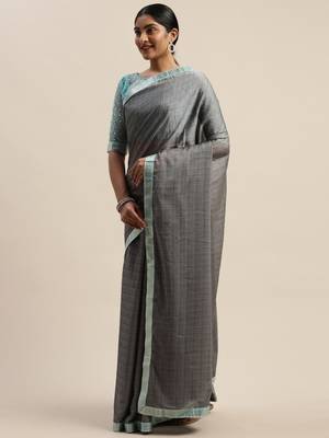 Grey plain net saree with blouse 2
