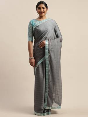 Grey plain net saree with blouse 3
