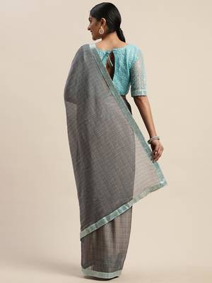 Grey plain net saree with blouse 4