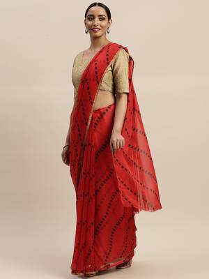 Red printed chiffon saree with blouse 1