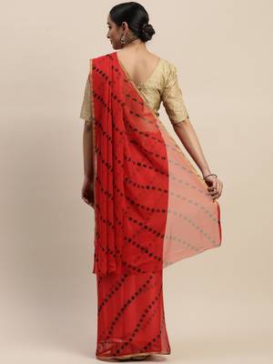 Red printed chiffon saree with blouse 2