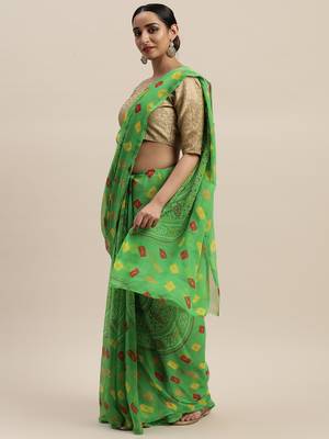 Green printed chiffon saree with blouse 1