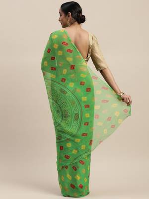 Green printed chiffon saree with blouse 2