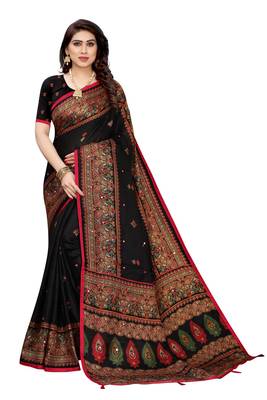 Salwar Studio Women's Black & Red Linen Printed Saree with Blouse Piece 1