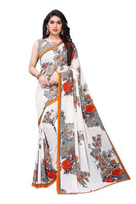 Salwar Studio Women's White & Orange Rennial Printed Saree with Blouse Piece 1