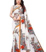 Salwar Studio Women's White & Orange Rennial Printed Saree with Blouse Piece