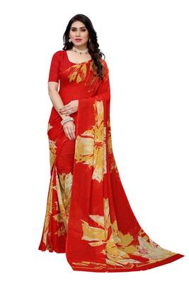 Salwar Studio Women's Red & Yellow Rennial Printed Saree with Blouse Piece 1