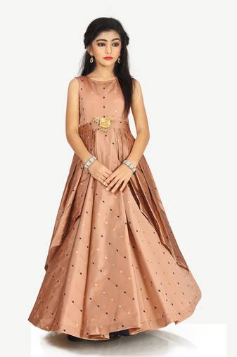 Kids Brown Cotton Silk Gown Dress