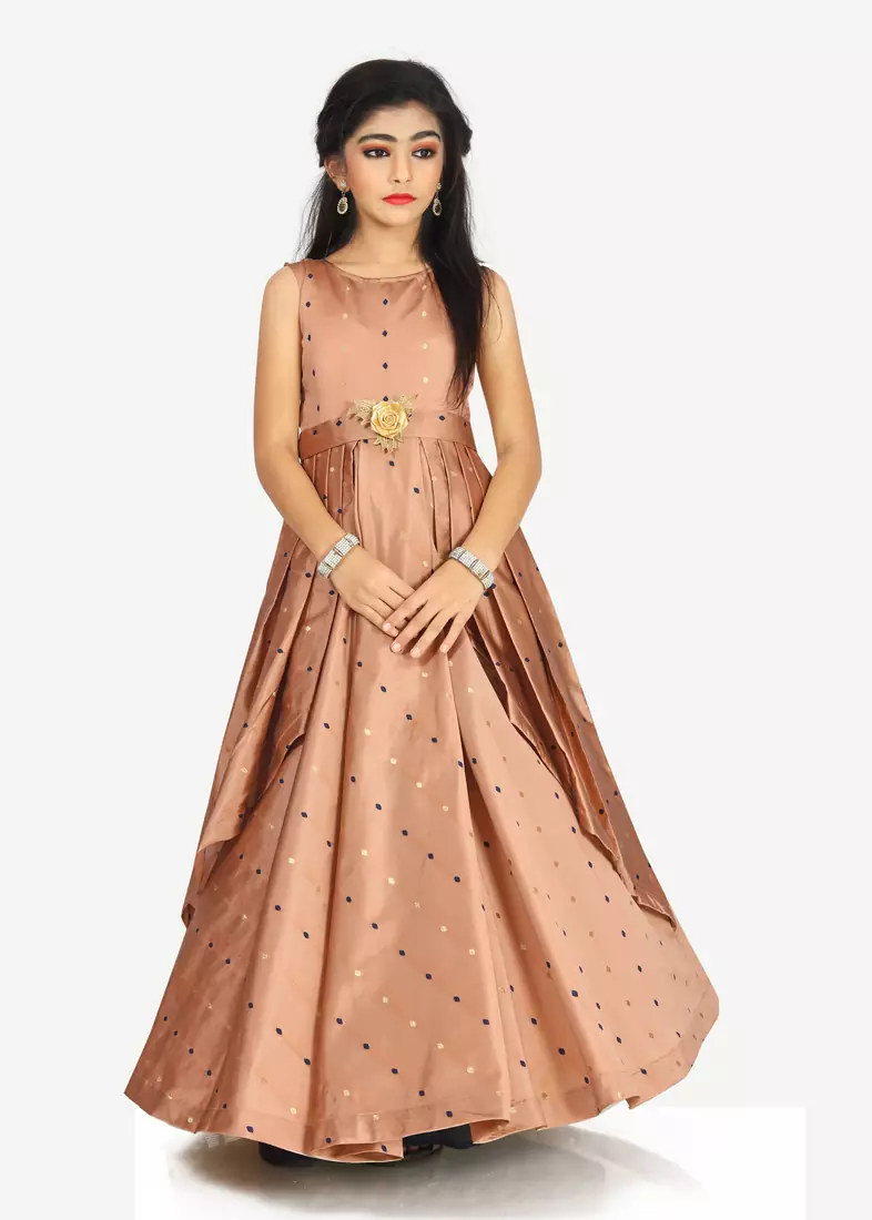 Kids Brown Cotton Silk Gown Dress