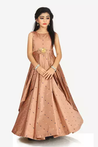 Kids Brown Cotton Silk Gown Dress