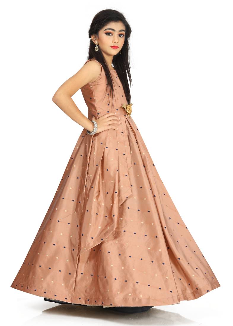Kids Brown Cotton Silk Gown Dress