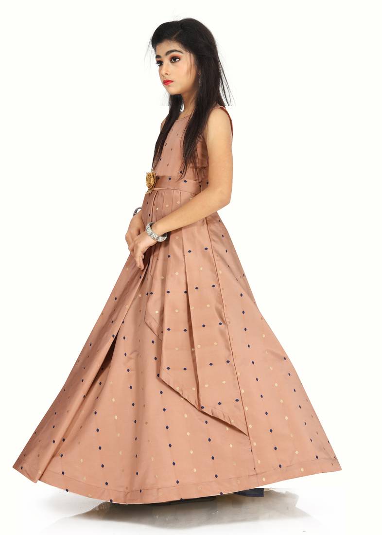 Kids Brown Cotton Silk Gown Dress