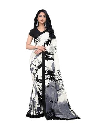 Black printed crepe saree with blouse 1
