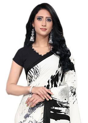 Black printed crepe saree with blouse 3