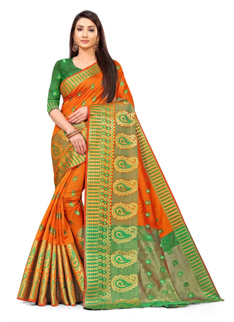 Orange woven cotton silk saree with blouse