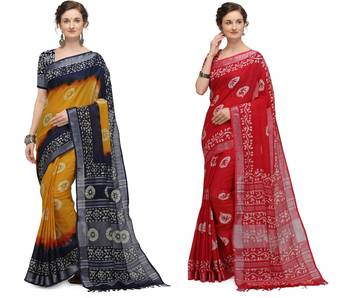 multicolor Handloom Cotton Slub Zari Wex Batik Print saree 1