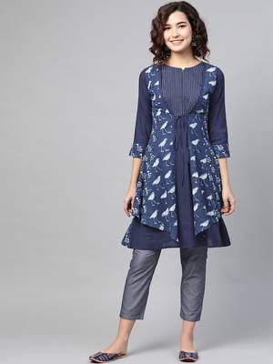 Navy-blue printed cotton ethnic-kurtis 1