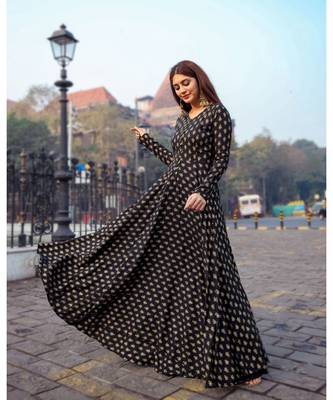 Black Rayon Dress Hand Printed 3