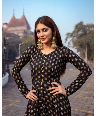 Black Rayon Dress Hand Printed 6