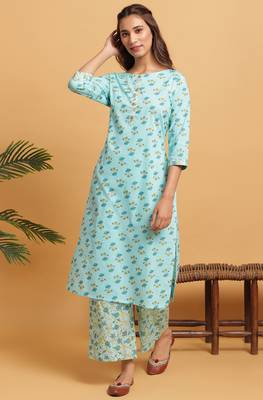 Janasya Turquoise floral print cotton salwar 1