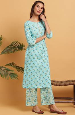 Janasya Turquoise floral print cotton salwar 2